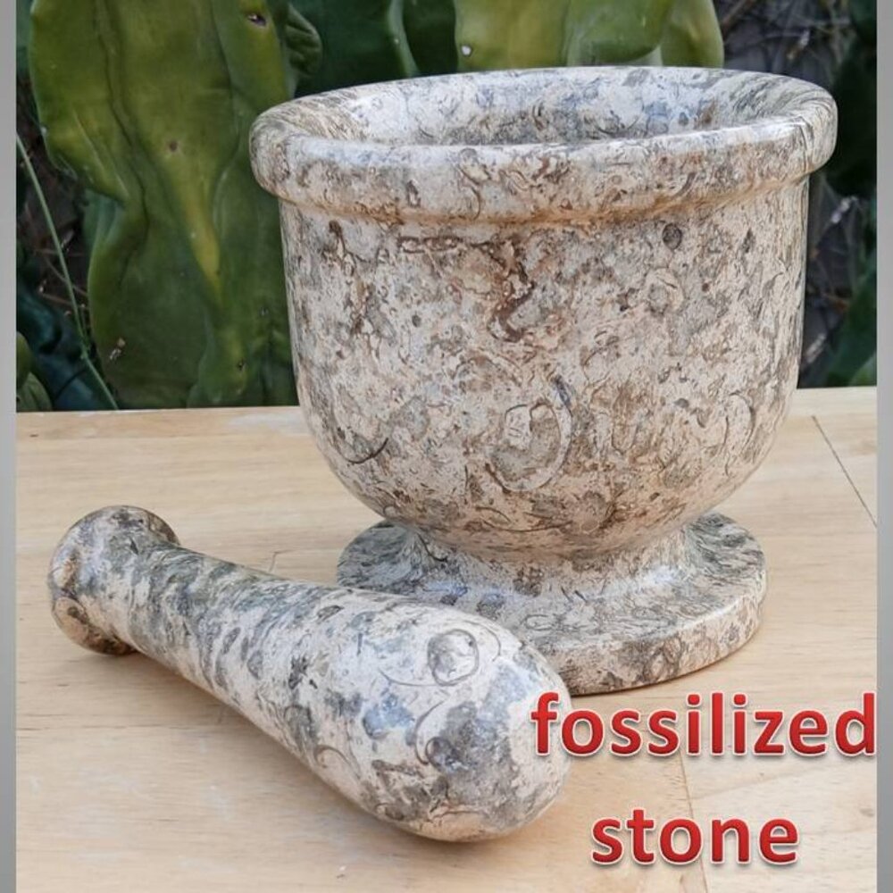 HEAVY fossilized stone mortar & pestle set 01
